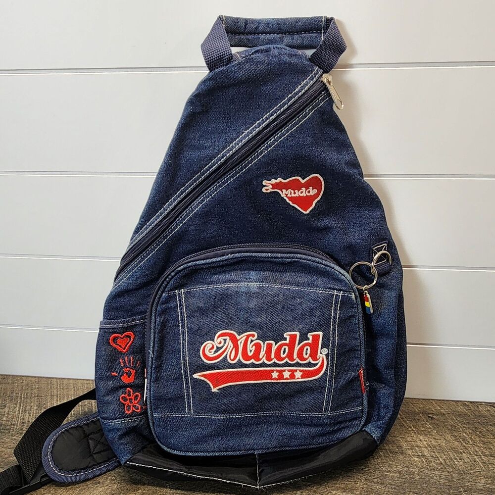 Y2K Vintage Mudd One Shoulder Cross Body Backpack Blue Denim With Red Trim